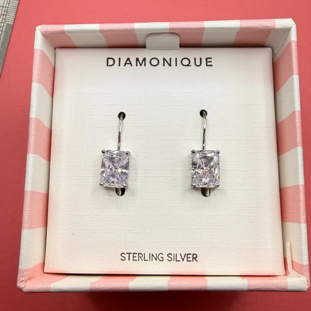 Diamonique New in Box Sterling Silver Emerald Cut CZ Earrings QVC - Picture 2 of 13